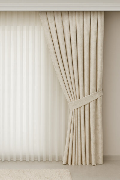 Emuz Fundal bej Istanbul, model nou sezon 1/3 plisat, rezistent la riduri, colecție specială (o singură lamă) tul, perdea,