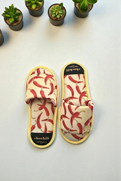 Chochili Μαλακές παντόφλες σπιτιού με σχέδιο κίτρινου πιπεριού - ανοιχτό μπροστινό μέρος