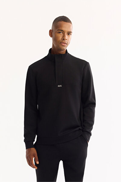 Avva Men's Black Stand Collar Zippered Cotton Bi-Stretch Regular Fit Sweatshirt A52Y1282