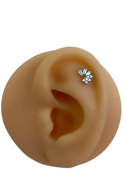 Siminkari 925 Ayar Gümüş Üzerine Rodyum Kaplama Taşlı Baget Yarım Daire Silver Piercing Tragus Helix