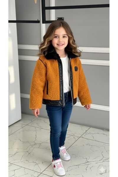 HÇ Hülya Çelik KİDSWEAR 2018 Детско плюшено кожено яке с цип и детайли