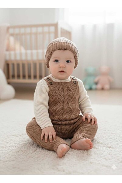 meriç bebe - bütün çocuklar melektir. mrc Baby Girl and Boy Adjustable Strap Diamond Pattern Beret Knitwear Salopet Set