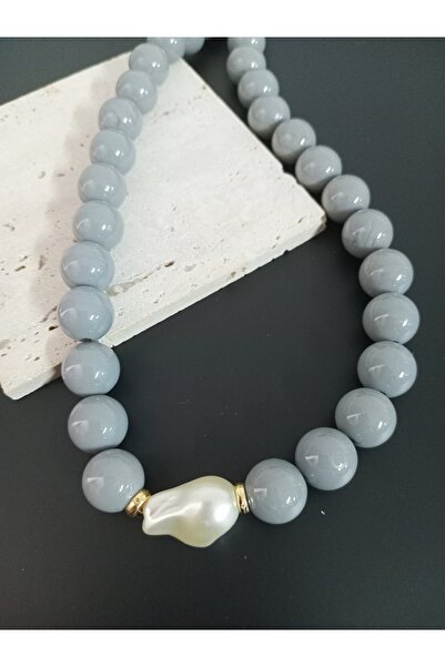 mos&more Gray Beaded Pearl (44cm +6Cm) Stylish Women's Necklace