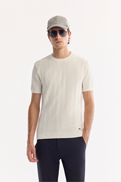Avva Men's Ecru Crew Neck Rayon Non-Pilling Striped Knitwear Regular Fit T-Shirt A52Y5005