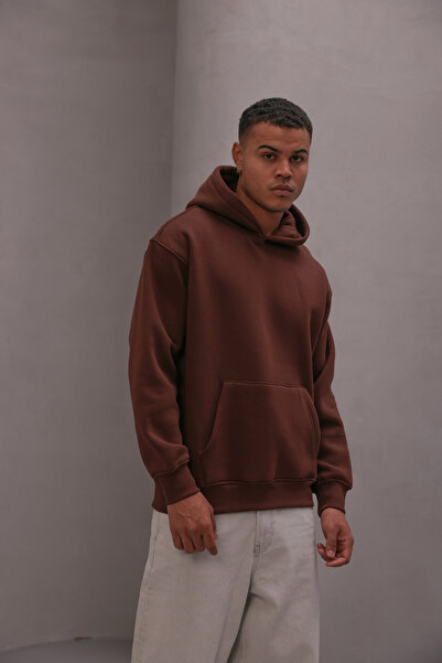 GIA - ART Мъжка суитшърт с качулка Basic Brown – с качулка, 3-слойна, кенгуру джоб