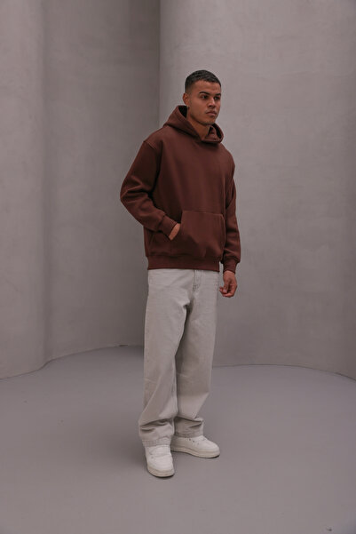 GIA - ART Мъжка суитшърт с качулка Basic Brown – с качулка, 3-слойна, кенгуру джоб