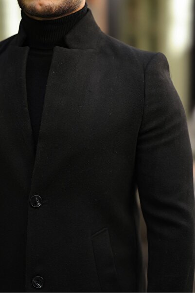 Ser Joven Pánský černý kabát Slim Fit s límečkem