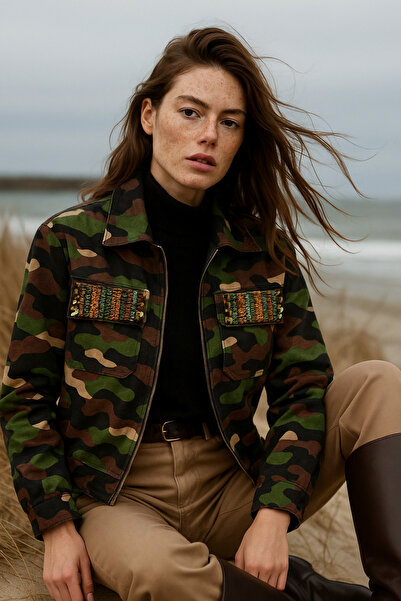 GZ Design Cepleri Işleme Detaylı Kamuflaj Desenli Ince Ceket