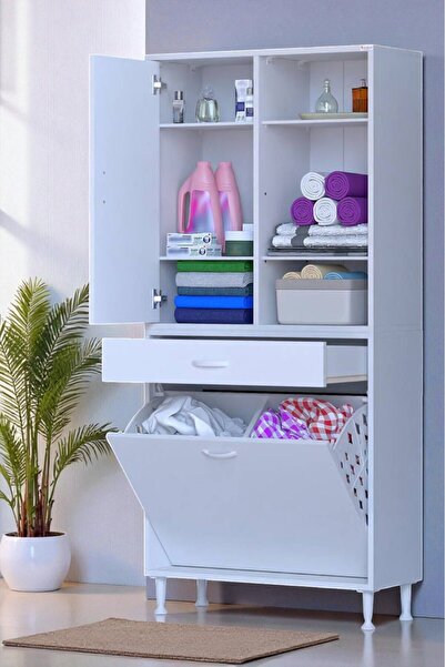 Modilayn Kayra Banyo Dolabı Tek Çekmece, 2 Göz Sepet, 1 Kapak, 6 Raf Dar Alan Banyo Dolabı 75x173x32,5 cm