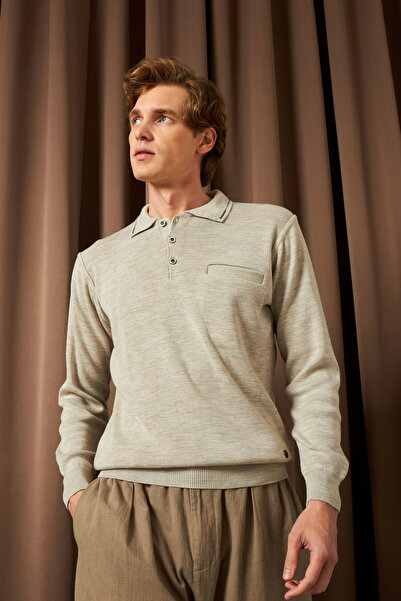 Çizgi Triko Мъжки пуловер с поло яка, плетен с джобове, класически модел от стоманена плетена материя