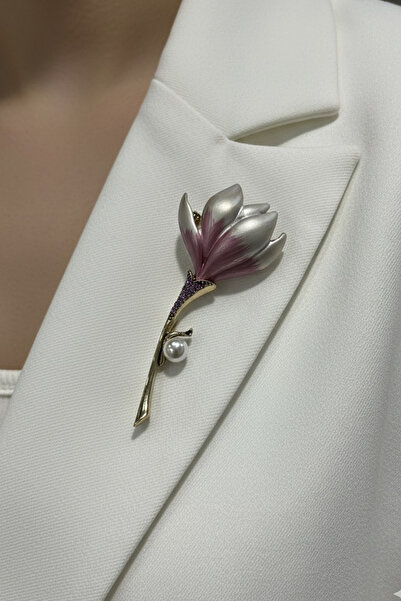 Modex Altın Rengi İnci Taş Detay Mor Çiçek Broş (6cm)