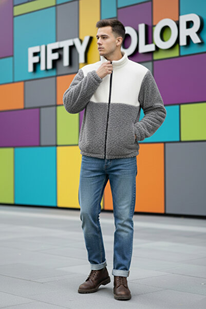 JAKARLI Unisex Oversize Fermuarlı Çift Cepli Bato Yaka Peluş Ceket