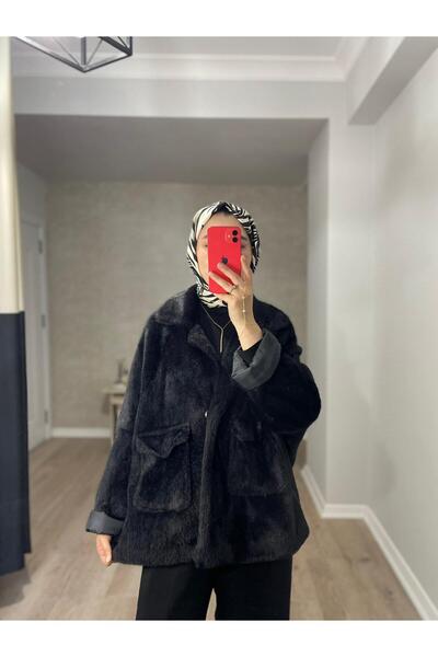 byalisdmr معطف فرو بجيبين مزدوجين من القطيفة - أسود