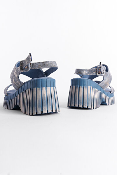 Capone Outfitters Genuine Leather Denim Double Strapped Wedge Heel Women's Sandals