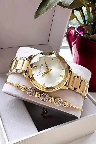 Homies ساعة يد نسائية أصلية مع صندوق خاص مقاومة للماء باللون الذهبي وسوار هدي...