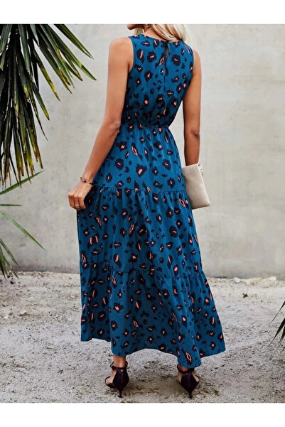 HanZone Women's Sleeveless Crew Neck Elastic Waist Patterned Single Jersey Dress