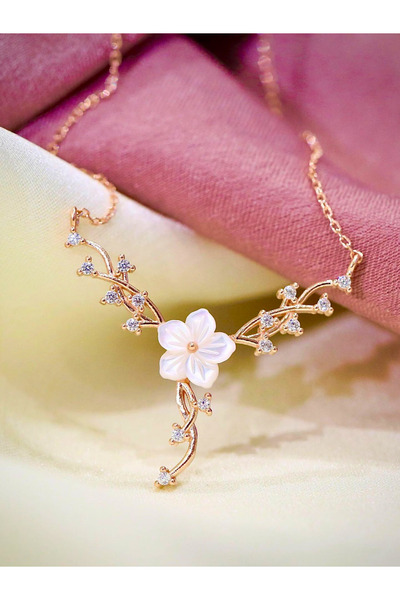 Parantez Aksesuar Manolya Çiçeği Sarmaşık Taşlı Gold Çelik Kolye