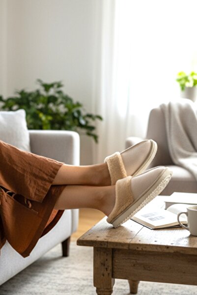 Pazzyonez Γυναικείες μπεζ χειμερινές βελούδινες παντόφλες επισκεπτών με μάλλινη επένδυση, γούνινες παντόφλες για το σπίτι