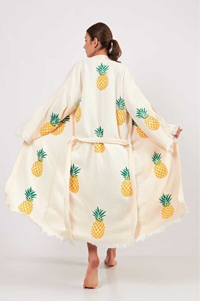 Befera Design Kimono de muselină 100% bumbac cu model ananas halat de baie imprimat caftan