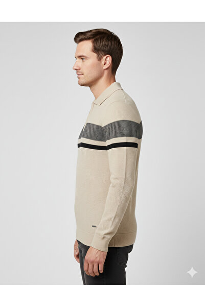 güncüoğlu Polo Collar Zippered Honeycomb Patterned Steel Knitted Men's Sweater
