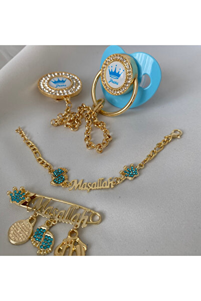 tiny wood Altın Kaplama Zirkon Taşlı Emzik Seti – Maşallah İğnesi & Bebek Künyesi Dahil