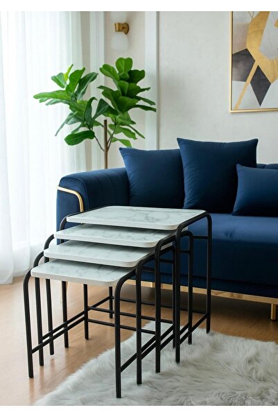 HOMEBELLA Metal Siyah Ayaklı 4'lü Beyaz Zigon Sehpa Üreticiden E1 Tse Garantili