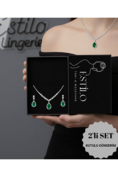 Estilo Lingerie Gümüş Kaplama Su Yolu Zirkon Taşlı Kolye Küpe Seti Gelin Takı...