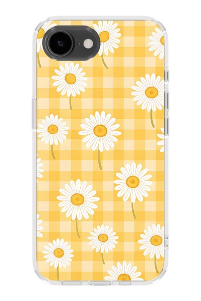 FLAMENKO iPhone 16E Compatible Yellow Checkered Daisy Pattern Transparent Pho...