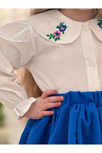 bebegci Yakası Nakışlı  Gömlekli Etekli Tokalı 3'Lü Kız Takım