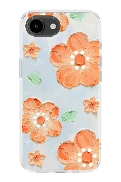 FLAMENKO iPhone 17E Uyumlu Turuncu Çiçek Yağlıboya Desenli Şeffaf Telefon Kılıfı