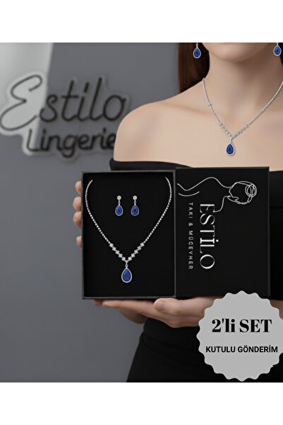 Estilo Lingerie Mavi Damla Taşlı Su Yolu Zirkon Kolye Küpe Seti Hediye Takı Seti (MÜCEVHER KUTULU GÖNDERİM)