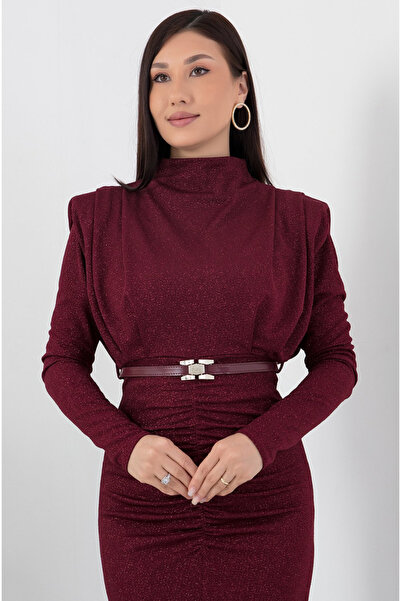 Afiş Butik Bordo Simli Vatkalı Yırtmaçlı Kemerli Elbise