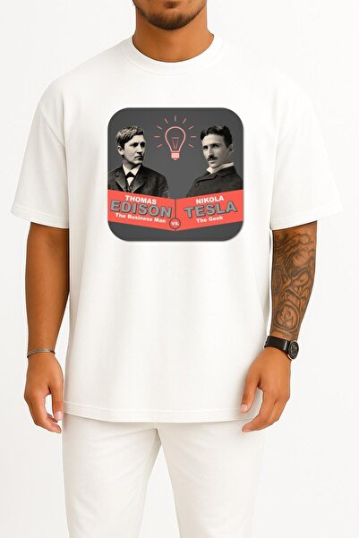 Bahriyeli Collection supradimensionat Nikola Tesla Thomas Edison Războiul curentilor Design pe piept Unisex tricou