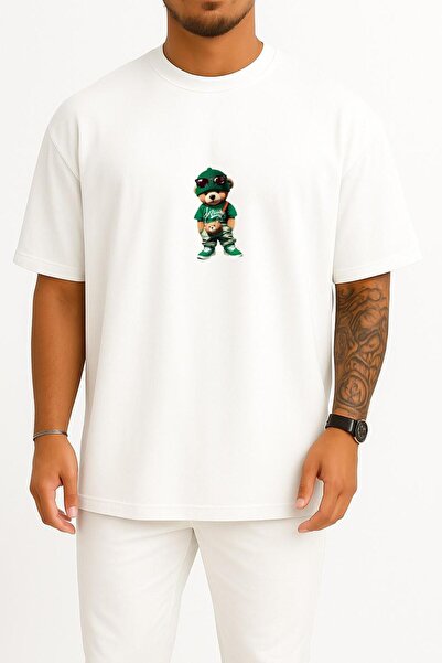 Bahriyeli Collection Oversize Green Cool Teddy Bear Chest Design Unisex T-Shirt