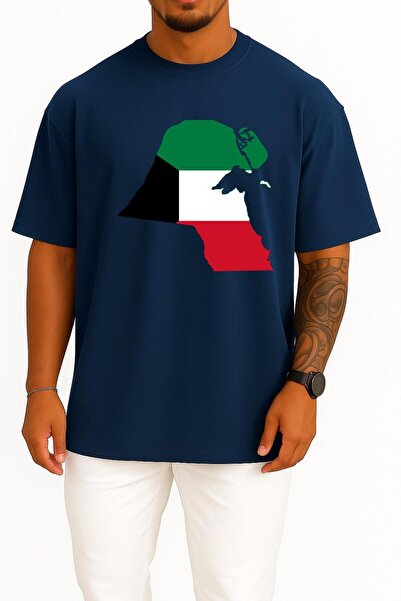 Bahriyeli Collection Tricou unisex cu design supradimensionat al steagului orașului Kuwait și hartă a Kuweitului pentru piept