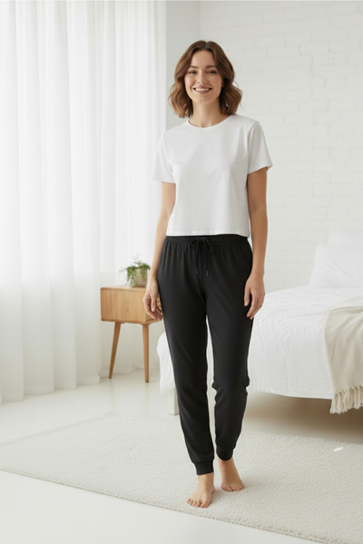 Elemge بيجامة نسائية من القطن 100%، بيجامة سفلية بجيوب، مريحة، أكمام مطاطية، ...