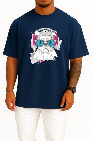Bahriyeli Collection قصة فضفاضة تي شيرت مضحك على شكل كلب يرتدي نظارات وسماعات...