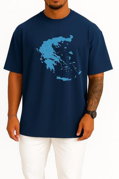 Bahriyeli Collection Oversize Greece Map and Islands Chest Design Unisex T-Shirt