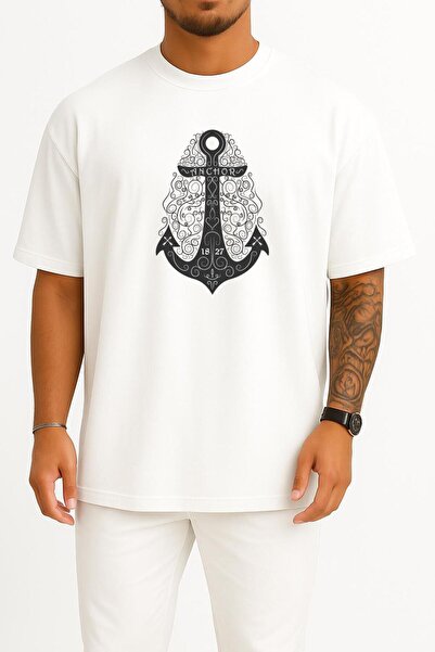 Bahriyeli Collection Tricou unisex cu design ancoră vintage supradimensionat ...