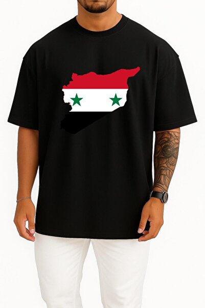 Bahriyeli Collection تي شيرت للجنسين بتصميم خريطة علم سوريا كبير الحجم على الصدر