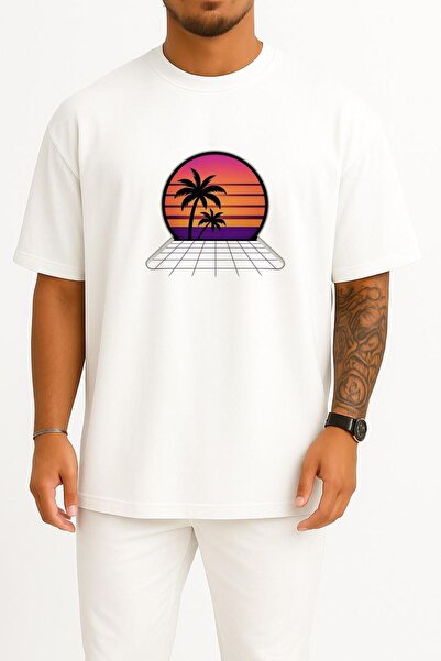 Bahriyeli Collection Oversize Synthwave Sunset Palms – تي شيرت للجنسين بتصميم...