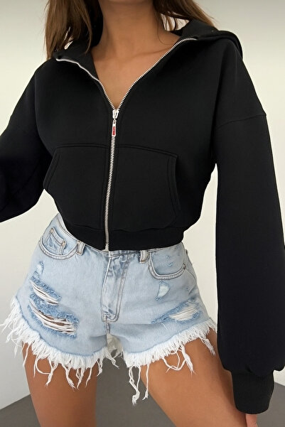 BYMEER Černá mikina s kapucí a zipem Crop Cardigan