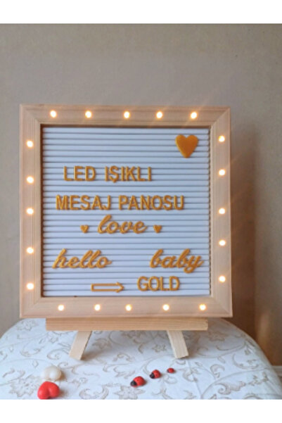 fikirstore Led Işıklı Ahşap Mesaj Panosu Yazı Tahtası Beyaz Zemin GOLD Harf S...