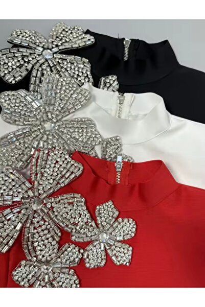 DESİGNEDBYD Kadın Dekolteli Parıltılı Çiçek Aplikeli Mini Abiye Takım Parti Mezuniyet After Parti Gece Elbisesi