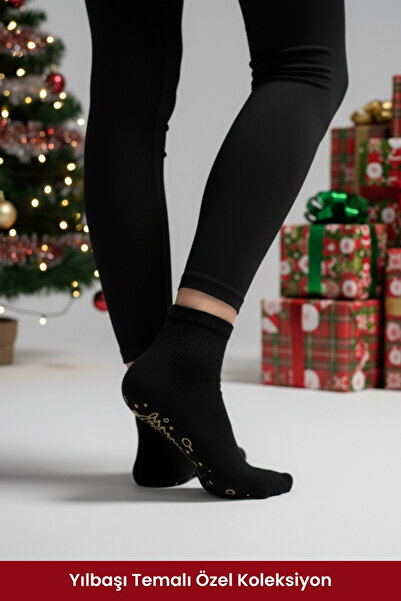 Dore Orijinal Kadın Yılbaşı Temalı Yoga & Pilates Çorabı Kaydırmaz Tabanlı Yılbaşı Hediyesi Çorap 1 Çift