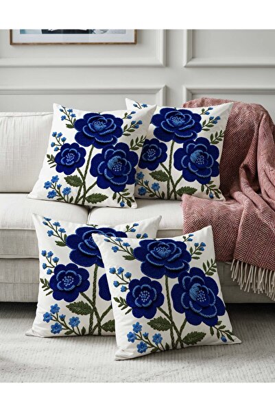 Pillow Home Σετ 4 διακοσμητικές μαξιλαροθήκες με ψηφιακή εκτύπωση με μοτίβο λουλουδιών τρισδιάστατο κέντημα