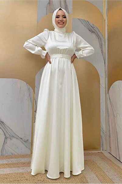 TRENDTESETTÜR WOMEN'S Ecru BELLOWED CUFFS RUBBERED SATIN GOWN DRESS T 1973