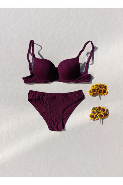 siyalife Corded Fabric Padded Plum Bra and Panty Underwear Set