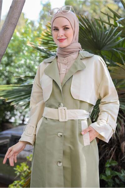 TRENDTESETTÜR KADIN HAKİ İKİ RENKLİ KUŞAKLI BANTLI TRENÇKOT T 90080