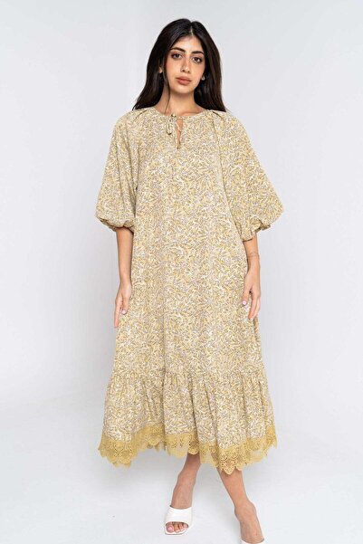 Nichii Women's 3/4 Sleeve Printed Midi Dress with Ruffled Hem